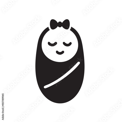 a simple black and white graphic depicts a baby wrapped in a blanket with a bow in its hair