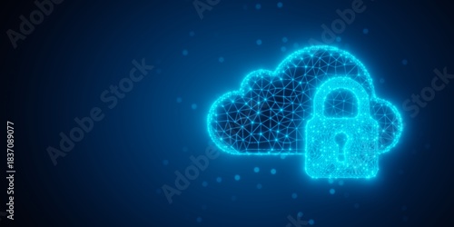 Blue wireframe cloud and padlock objects shapes over blue gradient background, network or internet security or safety concept