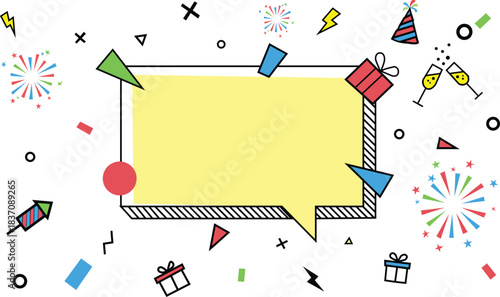 4K Festive Pop Art Speech Bubble with Fireworks and Party Icons