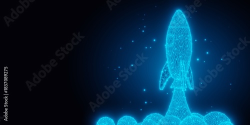 Blue wireframe rocket with exhaust flames and smoke on dark black background with copy space, start up, business success or innovation idea concept
