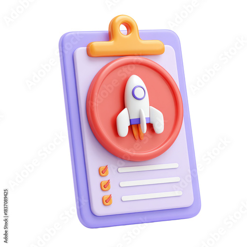 3D clipboard icon with rocket launch symbol