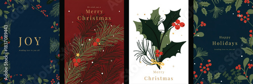 Christmas and Happy Holidays Greeting Card Vector Set - Elegant Wallpaper Design with Pine Leaves, Holly Leaf, and Branch for Holiday Covers, Prints, Posters, and New Year Ads. 