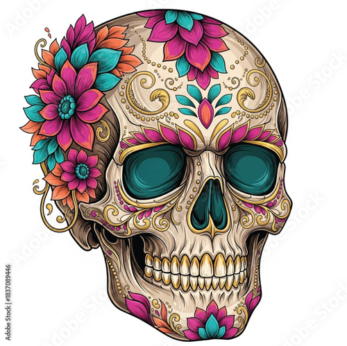 Colorful Floral Sugar Skull – Día de los Muertos Vector Illustration