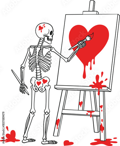 Skeleton Artist Painting a Large Red Heart on Canvas Easel for Valentine Day