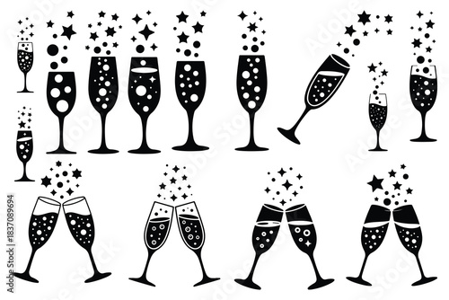 Black champagne glasses with bubbles and stars celebration