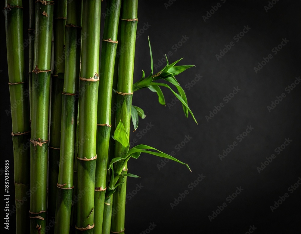 Obraz premium Vibrant green bamboo stalks with fresh leaves against a dark, minimalist background, symbolizing growth and tranquility.