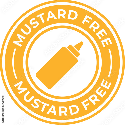 Mustard free icon simple yellow circle badge with mustard bottle silhouette for food allergy or dietary restriction labels