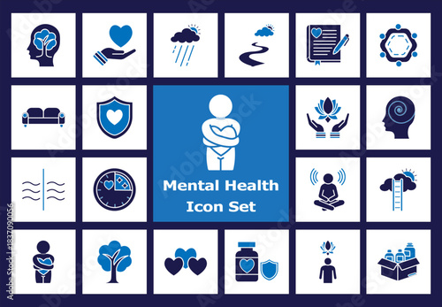 Mental Health Icon Set: A collection of visually-striking icons illustrating various concepts related to mental health and well-being. Capturing the essence of care, support.