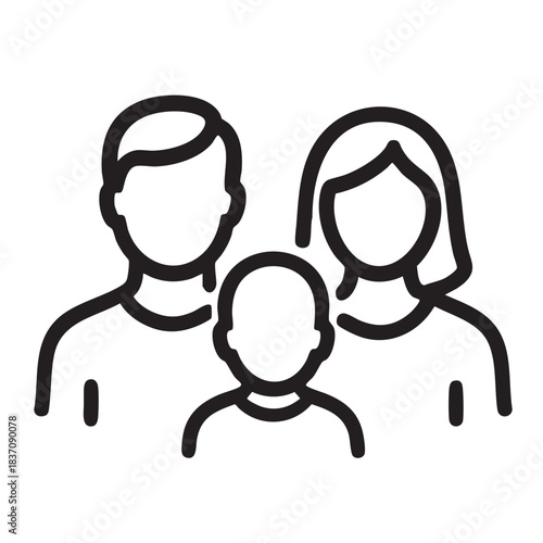 A simple black and white line drawing depicts a family of three people a mother a father and a child