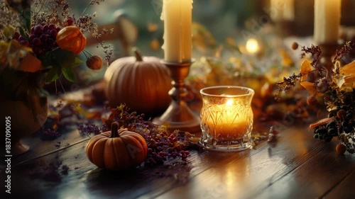 Autumn festivity with a warm candlelit ambiance and pumpkin centerpiece.
