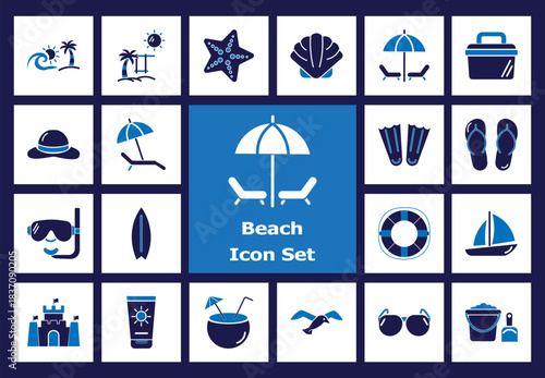 A comprehensive collection of summer vacation icons for beach holidays, featuring essential travel elements for fun and relaxation by the sea