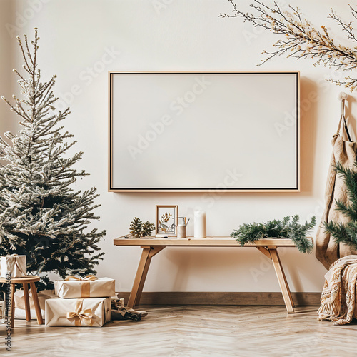 Christmas TV Frame Mockup, Cozy Bedroom Xmas Tree Gift Decoration Holiday Interior Design Display Scene.