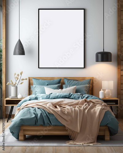 Bedroom Poster Frame Mockup Template, Modern Nordic Style Wooden Bed with Blue Bedding Bedroom Design.