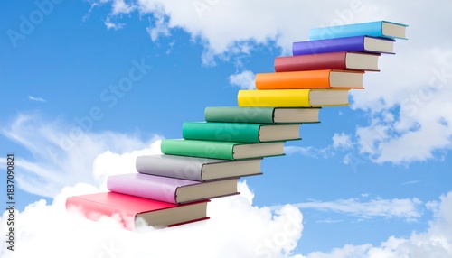 Stack Of Colorful Books Forming A Staircase Leading Up Into The Clouds