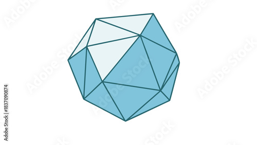Abstract geometric shape with triangular facets rendered in shades of light blue and white against a plain black background representing a complex polyhedron structure and mathematical form