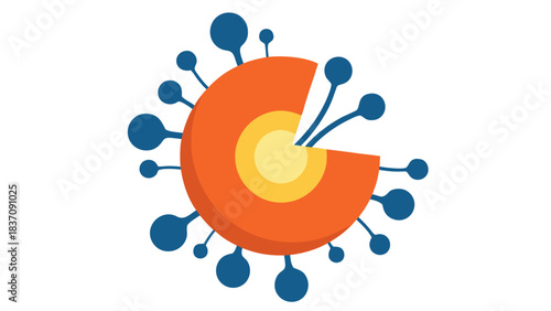 Abstract representation of a virus like structure with orange core and blue protruding elements on a black background vibrant colors scientific illustration