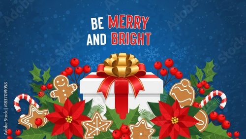 Festive holiday scene with vibrant poinsettias, decorated cookies, and