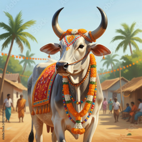 A decorated cow standing prominently in a sunny village setting, adorned with garlands and a colorful saddle cloth, celebrating an Indian festival like Pongal or Makar Sankranti.