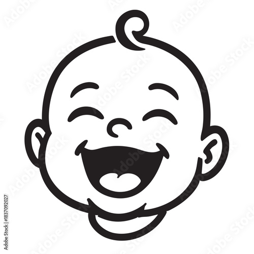 A cheerful black and white illustration depicts a smiling baby s face with open mouth and closed eyes