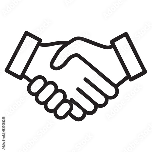 A simple black and white line drawing depicts two hands firmly shaking in a gesture of agreement