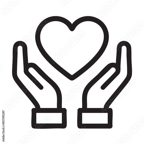 A simple black and white line drawing depicts two hands gently cradling and protecting a heart symbol