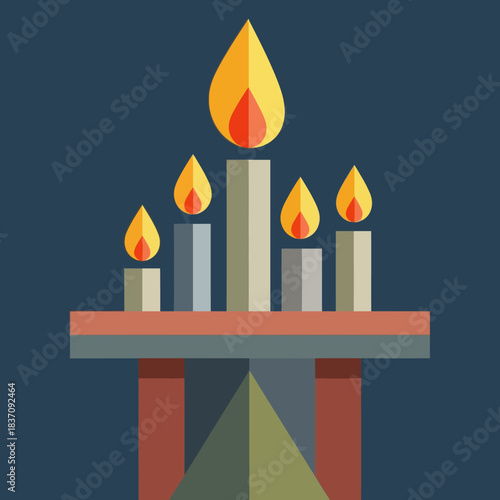 Flat vector illustration of a menorah with five lit candles on a dark background.