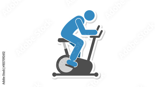 Blue Humanoid Figure Cycling on Stationary Exercise Bike with Gray Frame and Black Handlebars on a White Background