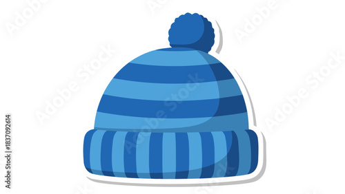 Blue Knit Winter Hat With Pom Pom And Stripes Isolated On Black Background And White Border