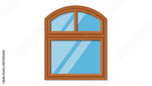 An arched wooden window frame with two panes of glass reflecting a clear blue sky set against a dark background