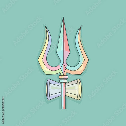 Colorful trishul illustration, a trident and damaru drum symbol of hindu god shiva.