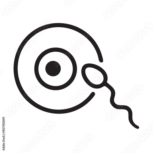 Simple black and white line drawing depicting a sperm cell approaching an egg cell symbolizing reproduction