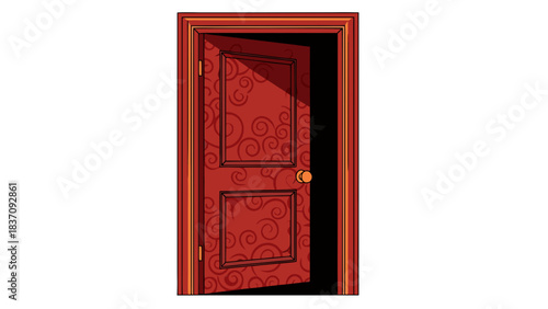 Antique Red Door With Ornate Swirl Pattern Partially Open Casting A Shadow In A Dark Room Evoking Mystery And Opportunity Illuminated By A Soft Light Source
