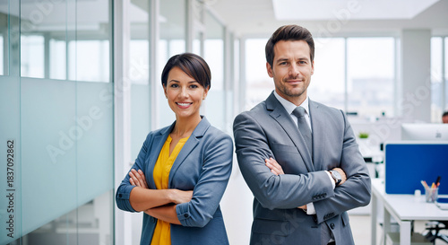 Confident business man and woman in formal suits standing with folded arms in bright modern glass office, smiling slightly, conveying leadership, teamwork and corporate success