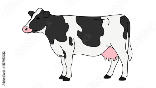 Black and White Holstein Cow Standing Profile View with Pink Udder and Black Background Simple Illustration