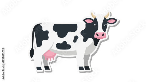 Black and White Holstein Dairy Cow Standing Side Profile with Pink Udder and Horns on Transparent Background Farm Animal Illustration