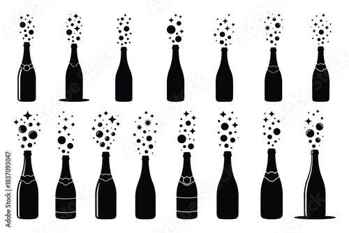 Black champagne bottles with sparkling bubbles and stars