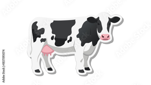 Black and White Holstein Friesian Cow Standing Calmly with Pink Udder Detail on a Clean Isolated White Background with Subtle Shadow Effect Representing Dairy Farming Livestock