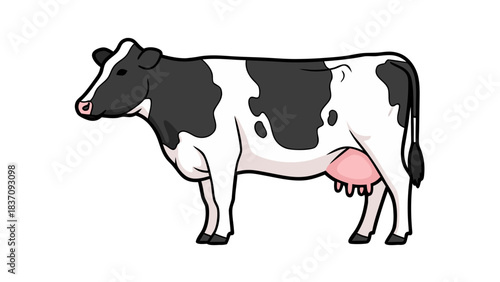 Black and White Holstein Friesian Cow Standing Profile View Realistic Farm Animal Illustration with Udder and Pink Teats Against Black Background