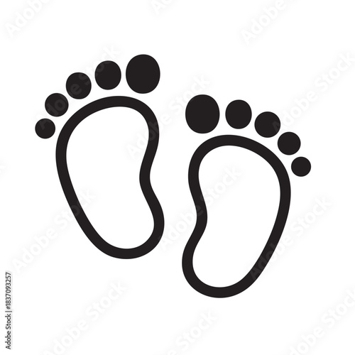 A simple black and white illustration depicting two baby footprints suggesting infancy and new beginnings