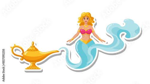 Blonde Haired Woman Emerging From Golden Magic Lamp With Blue Smoke Trail Against Black Background Digital Art