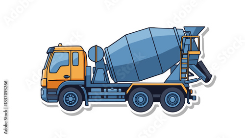 Blue and Orange Cement Mixer Truck with Large Drum on Black Background Vector Illustration