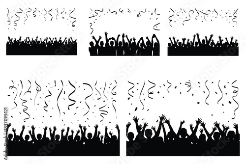 Black silhouettes of cheering crowds with falling confetti