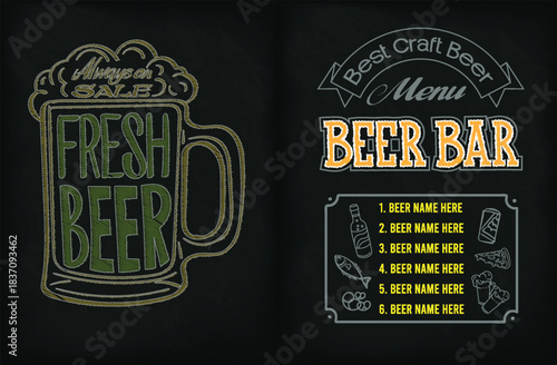A creative chalkboard design featuring a beer mug and a menu for craft beers. Perfect for bars and breweries.