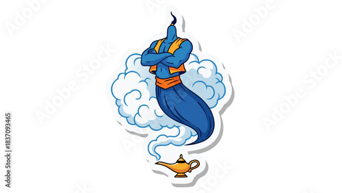 Blue Genie Emerges From Smoke Cloud Above Magical Lamp with Crossed Arms and Orange Vest