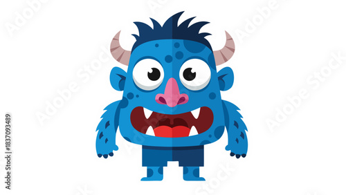 Blue Furry Cartoon Monster with Horns and Big Eyes Standing Against Black Background Minimalist Style Playful Expression