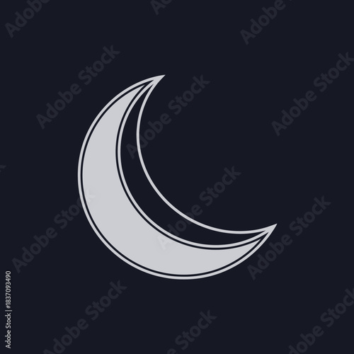 Crescent moon icon on dark blue background. Celestial body in space, night sky.