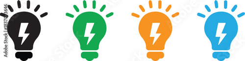 This vector icon set features four electric light bulbs with a lightning bolt symbol inside