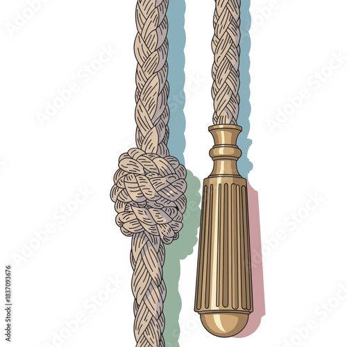 Illustration of a light tan rope with a monkey fist knot and a brass pull handle.
