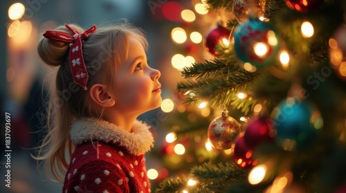 Fototapeta Naklejka Na Ścianę i Meble -  Young cute girl in awe of twinkling lights and ornaments on majestic Christmas tree. Sense of wonder and joy. 
