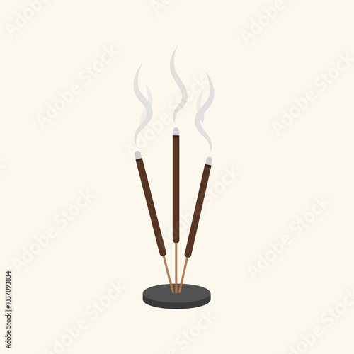 Three incense sticks burning in a holder, releasing smoke. Aromatherapy and relaxation.